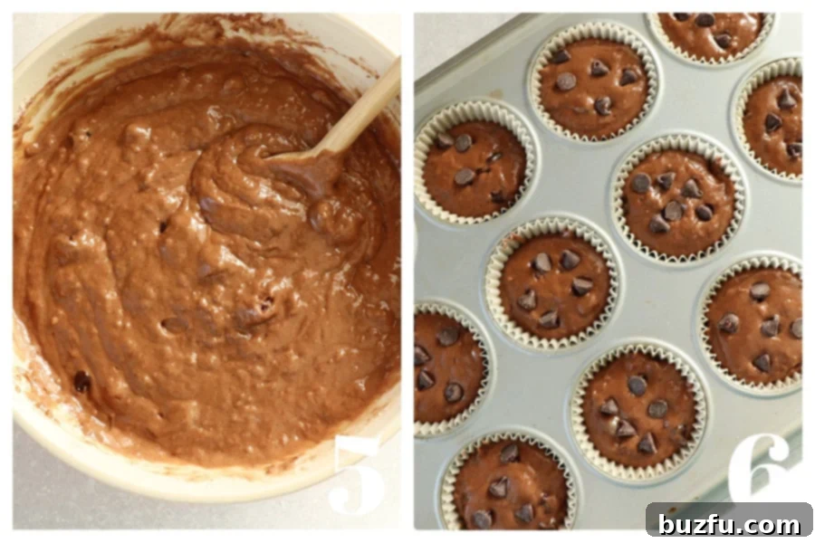 Decadent Chocolate Muffins Made Simple 6 A bowl of rich chocolate muffin batter sits beside a muffin pan, neatly lined with parchment paper wrappers and filled with the ready-to-bake batter, promising delicious treats.