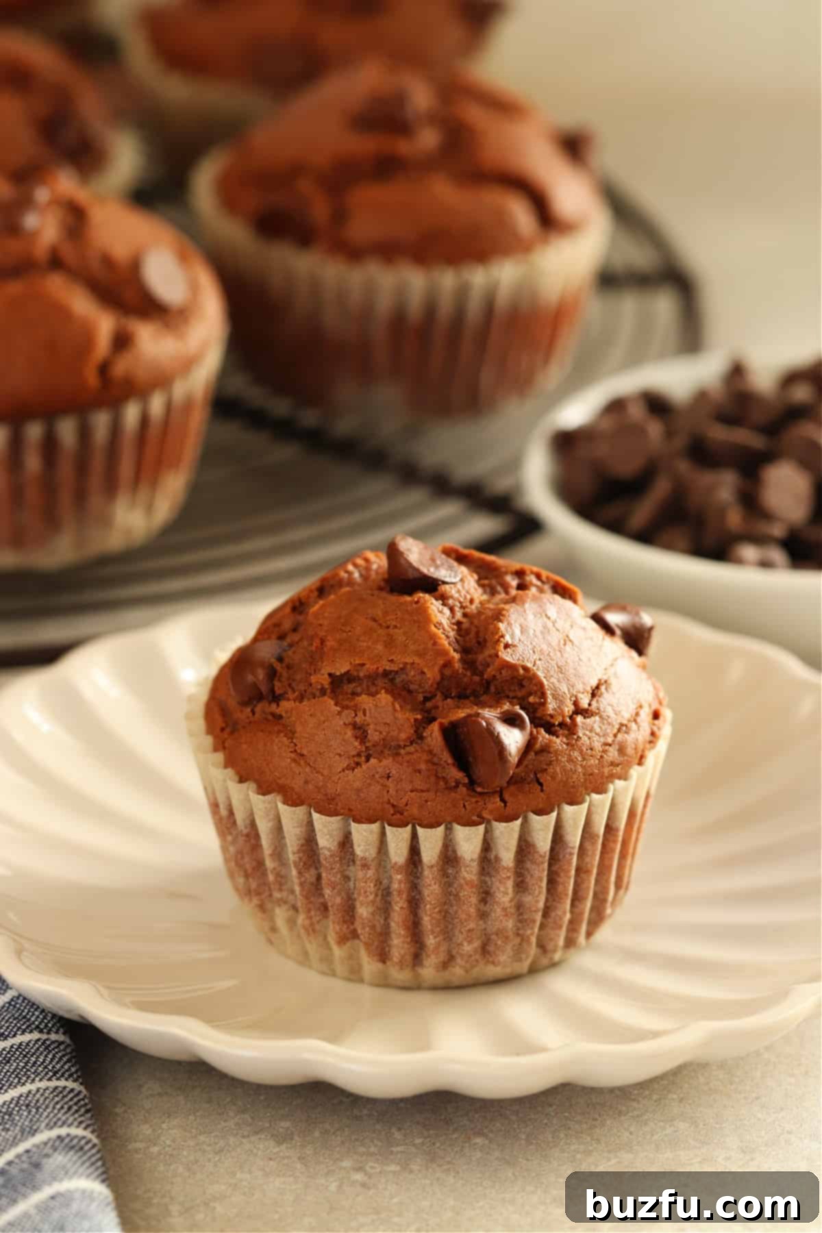 Decadent Chocolate Muffins Made Simple 8 A delectable chocolate muffin, generously topped with glistening chocolate chips, rests on a cream-colored plate, while a wire cooling rack laden with more freshly baked muffins stands in the soft focus background.