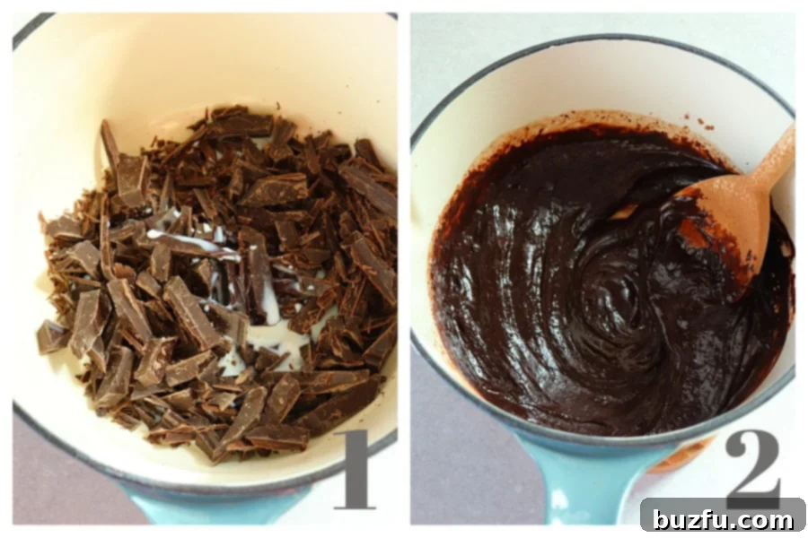 Chopped chocolate in a saucepan and melted chocolate in a pot.