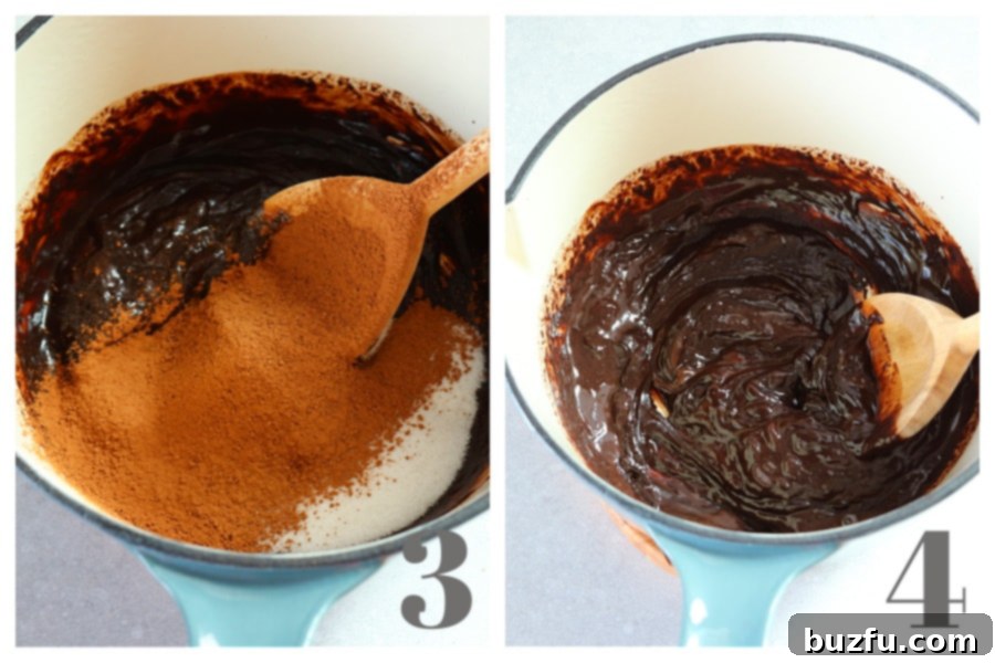 Cocoa powder on top of melted chocolate in a saucepan and the whole mixture stirred smooth in a pot.