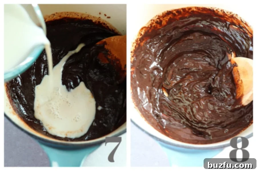 Pouring milk into chocolate in a saucepan and the whole mixture stirred smooth.