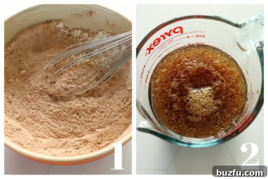 Decadent Eggless Chocolate Delight 4 Dry ingredients in a mixing bowl and wet ingredients in a glass measuring cup.