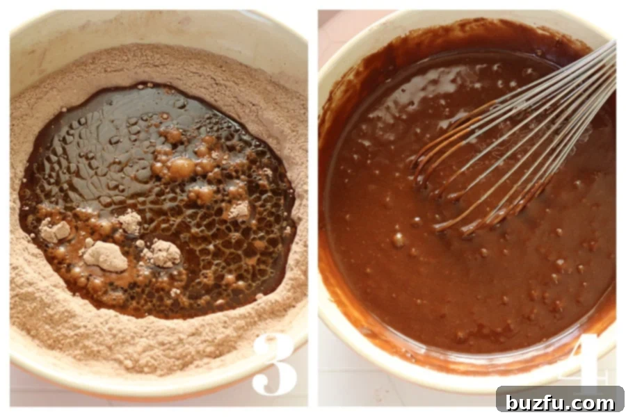 Decadent Eggless Chocolate Delight 5 Wet ingredients poured into flour mixture and the batter with whisk in a mixing bowl.