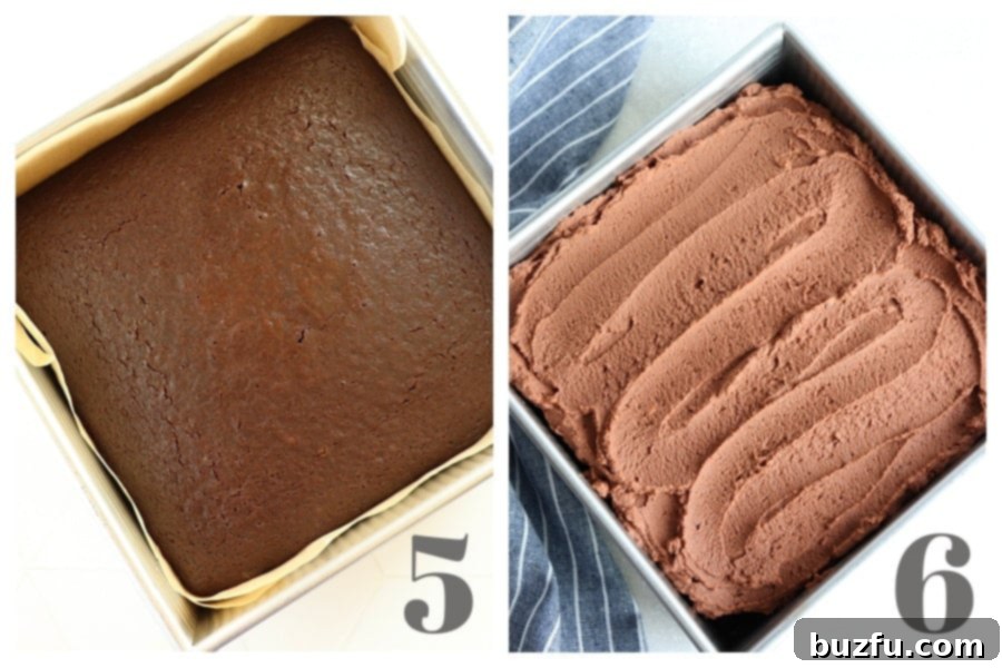 Decadent Eggless Chocolate Delight 6 Baked chocolate cake in a square pan and frosted cake in a baking pan.