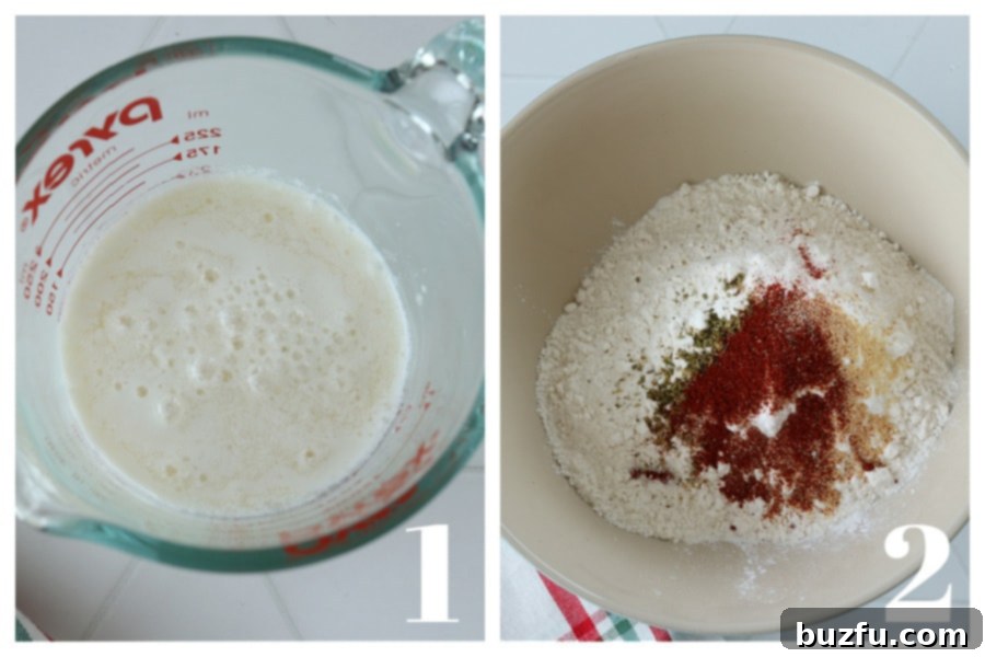 Homestyle Skillet Biscuits 4 Buttermilk curdling in a glass mug and dry ingredients mixed in a large mixing bowl.