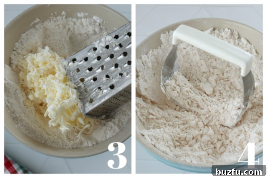 Homestyle Skillet Biscuits 5 Grated cold butter and a pastry cutter in a bowl with dry biscuit ingredients.