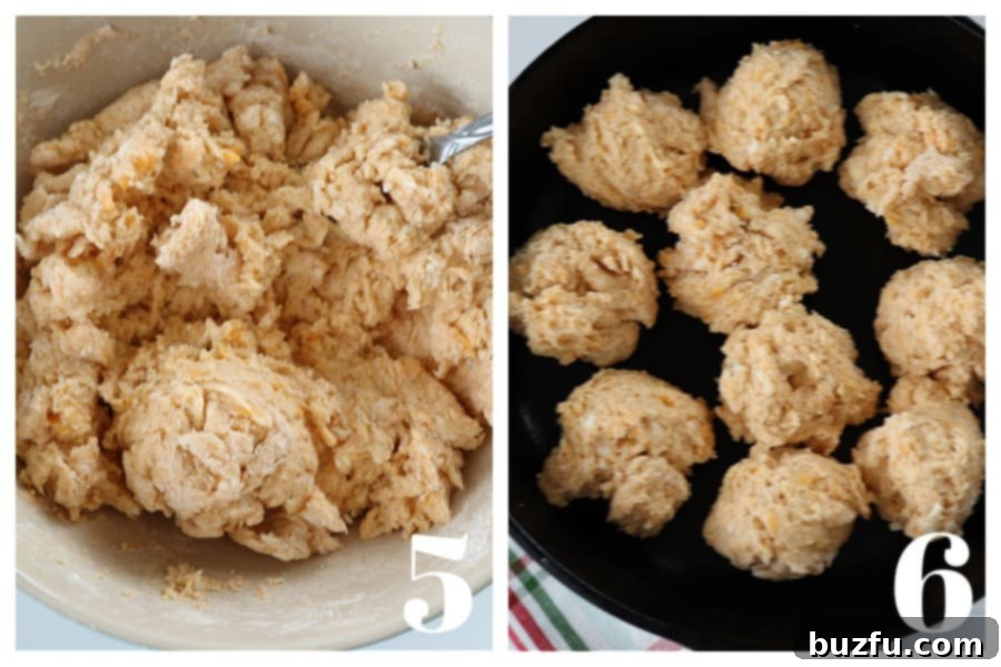 Homestyle Skillet Biscuits 6 Biscuit dough in a bowl being scooped into a cast iron skillet, ready for baking.