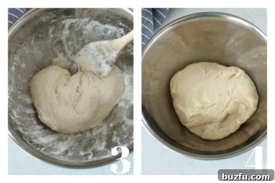 Unrisen pizza dough shaped into a ball and placed in a mixing bowl, ready for its first rise.