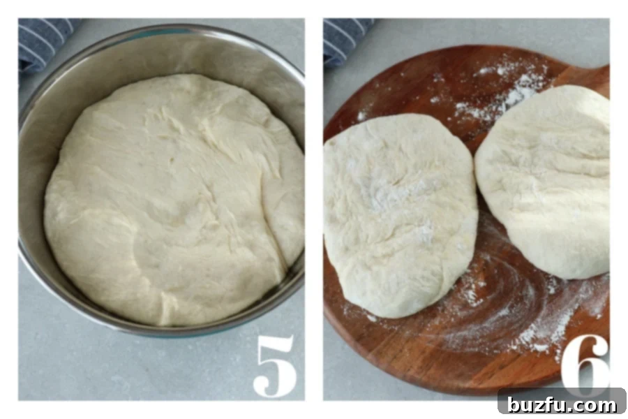Perfectly risen pizza dough in a bowl, with a portion already divided into two pieces on a wooden cutting board, ready for shaping.