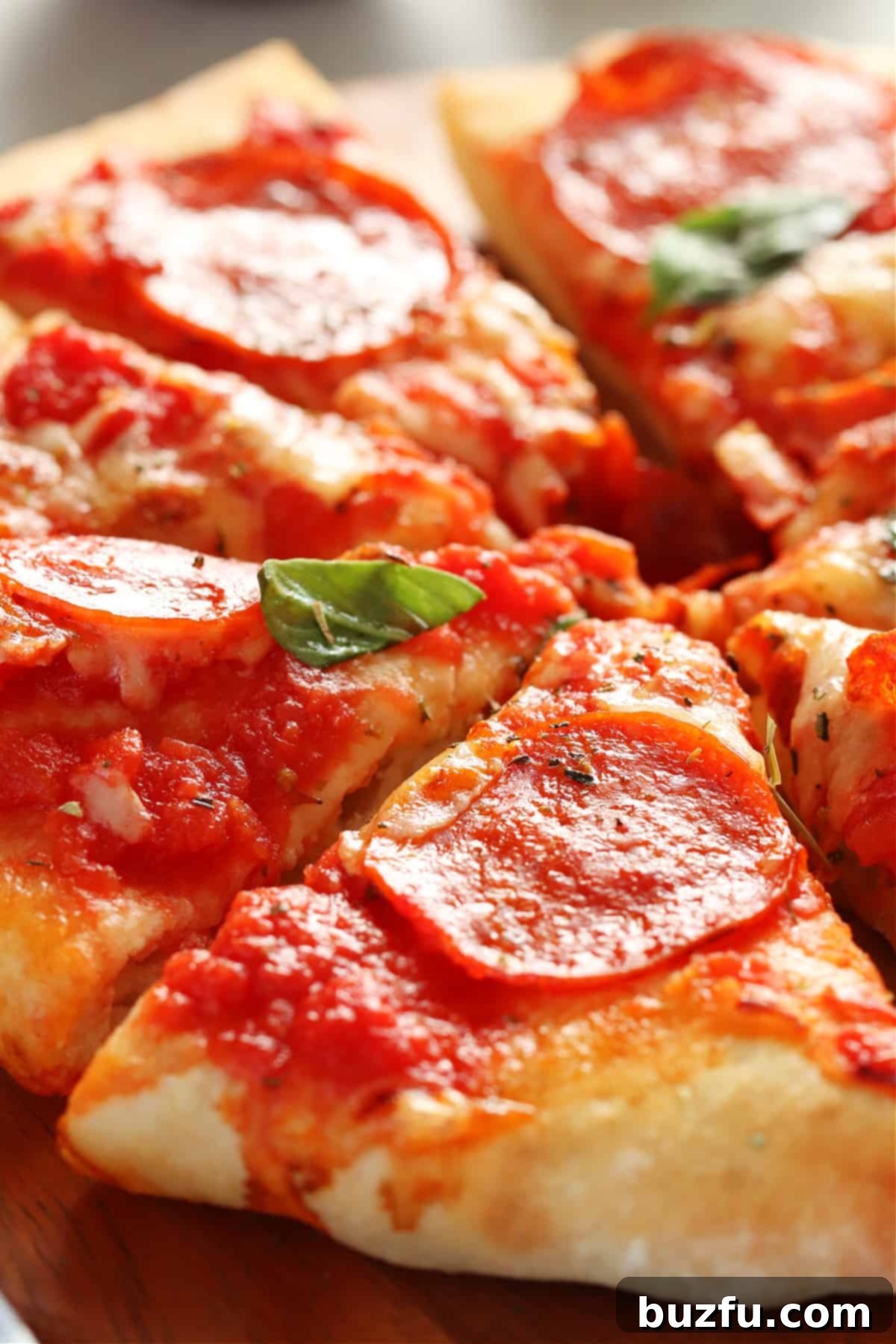 Close up on a perfectly baked slice of air fryer pizza, featuring golden-crisp crust, melted cheese, and savory pepperoni, resting on a wooden board.