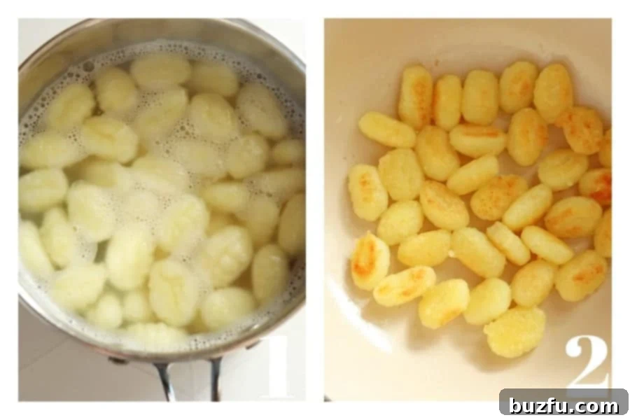 Gnocchi in water in a pot and frying in a pan.