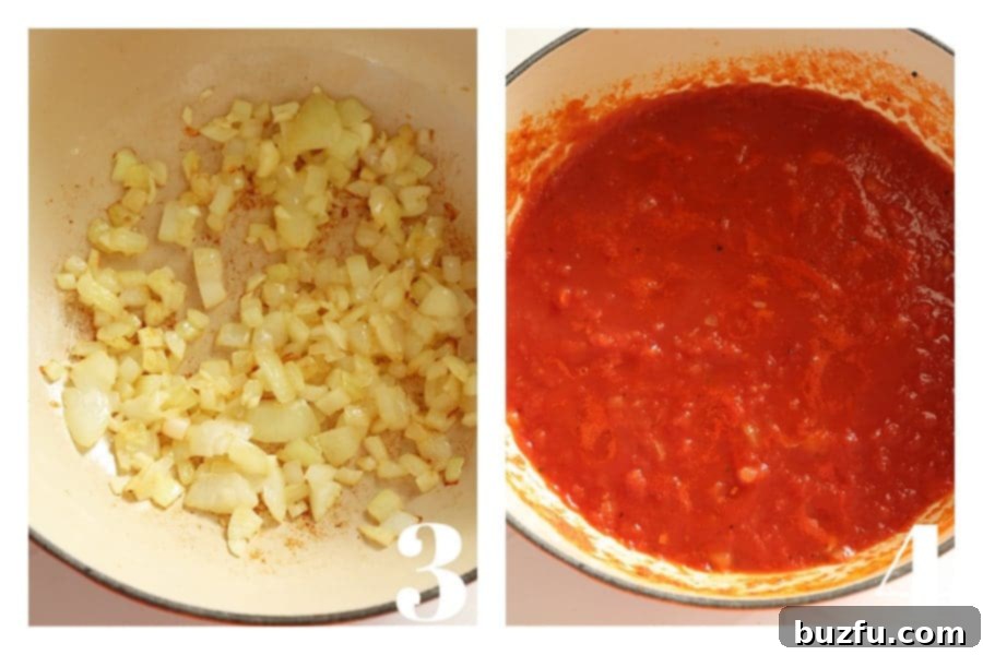 Sauteed onion in a Dutch oven and tomato sauce in the pot.