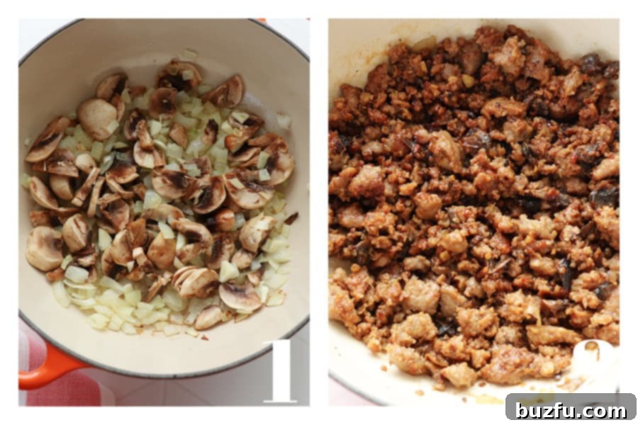 Sauteed mushrooms and onions in a Dutch oven and cooked sausage in a pot.