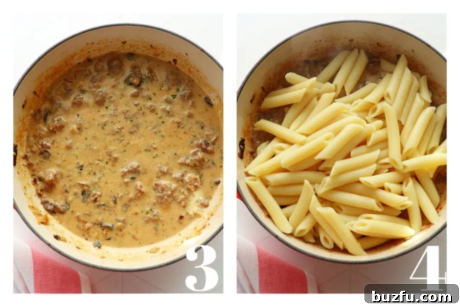 Sausage sauce in a Dutch oven and penne pasta in a pot.