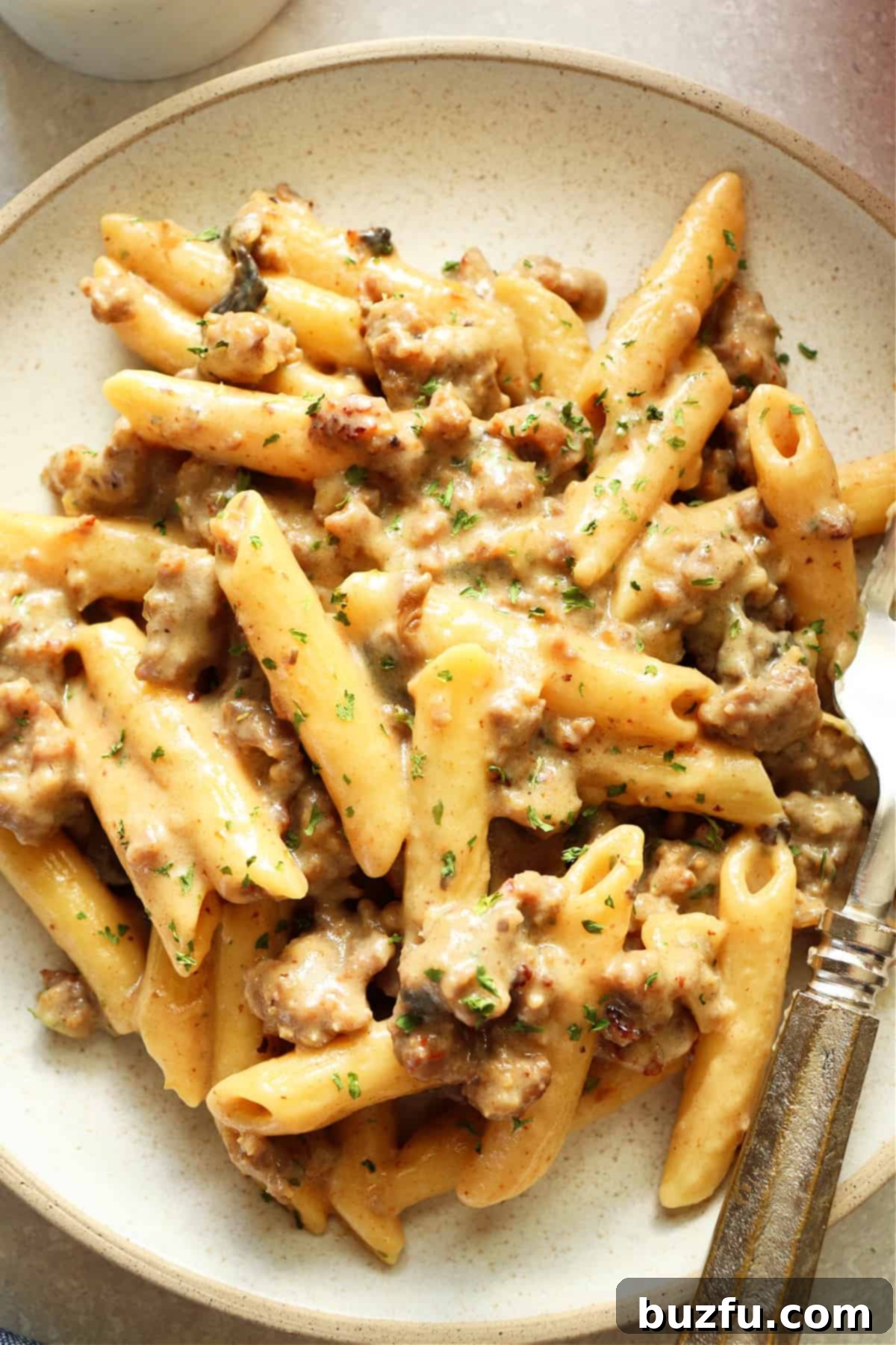Pasta with Italian ground sausage on a plate.