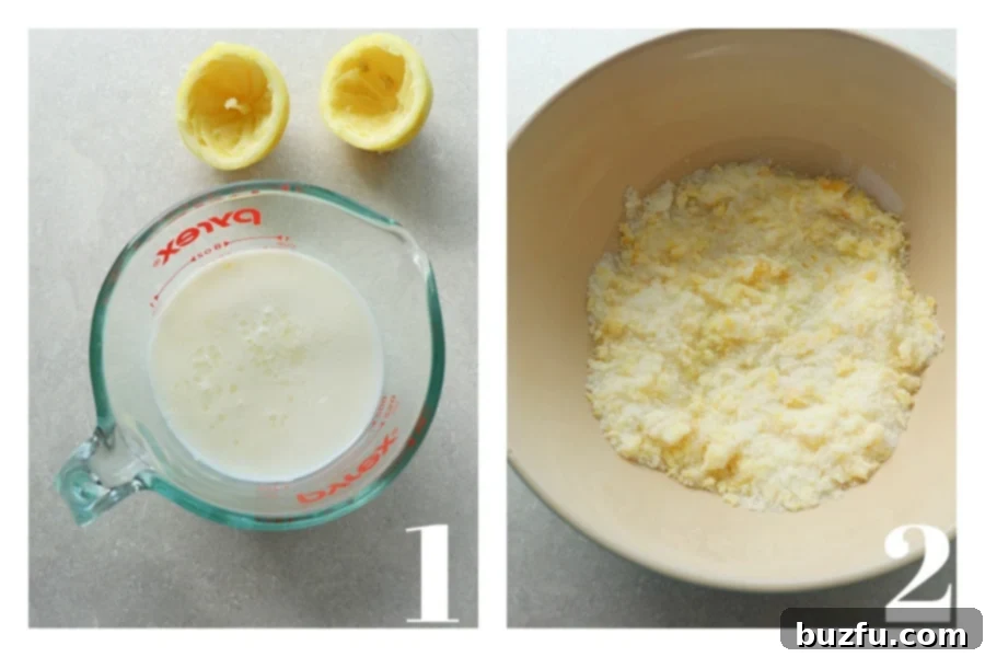 A glass cup shows homemade buttermilk, while a mixing bowl contains granulated sugar infused with lemon zest.