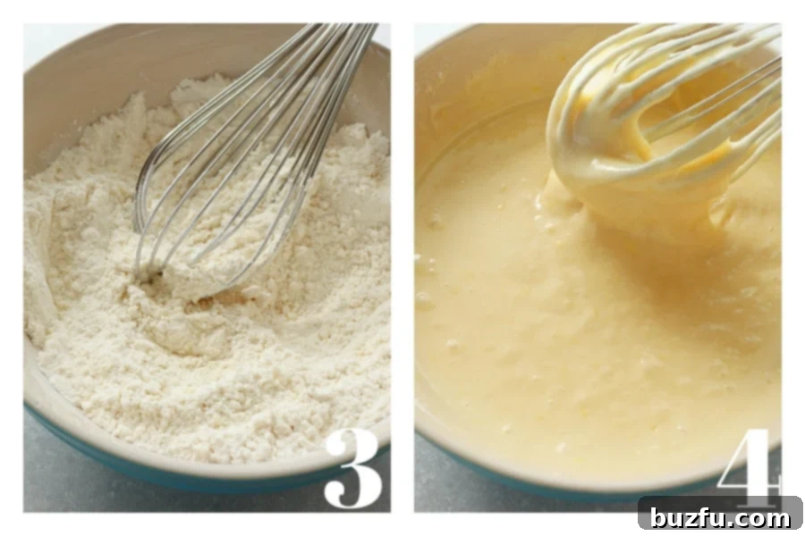 Two mixing bowls show the process of making lemon cake: one holds the flour mixture, and the other contains smooth cake batter with a whisk.