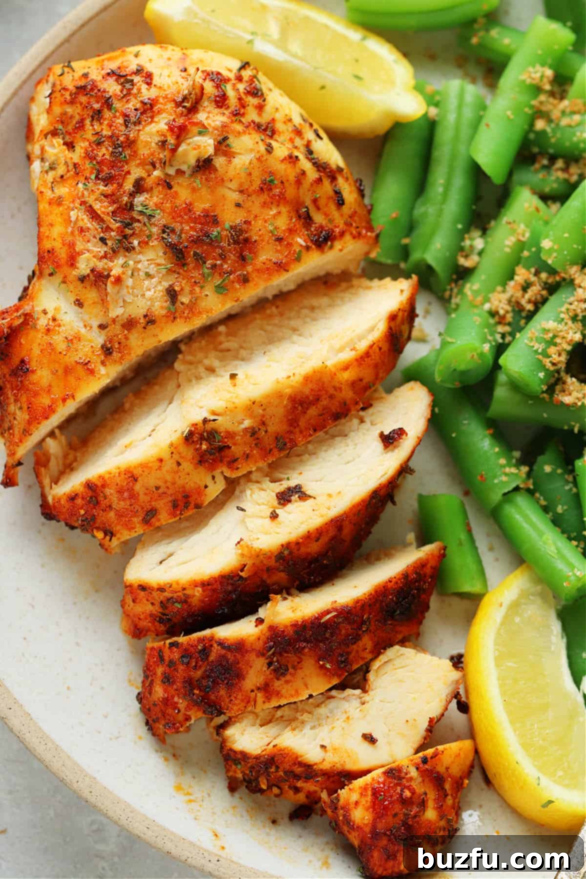 Sliced air fried chicken breast with green beans on the side, on a dinner plate.