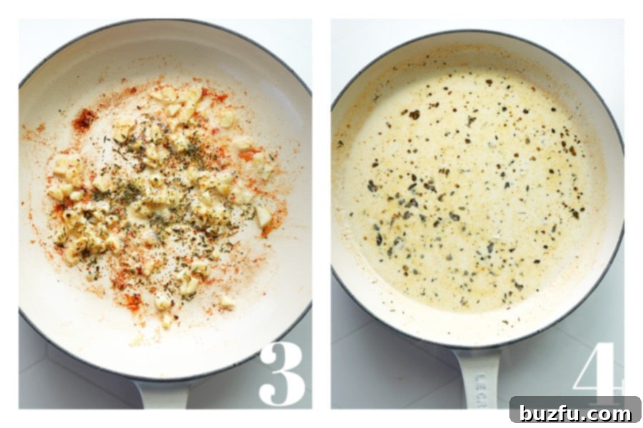 Freshly minced garlic and Italian seasoning being sautéed in a skillet, followed by a close-up of the rich, creamy sauce simmering in the pan.