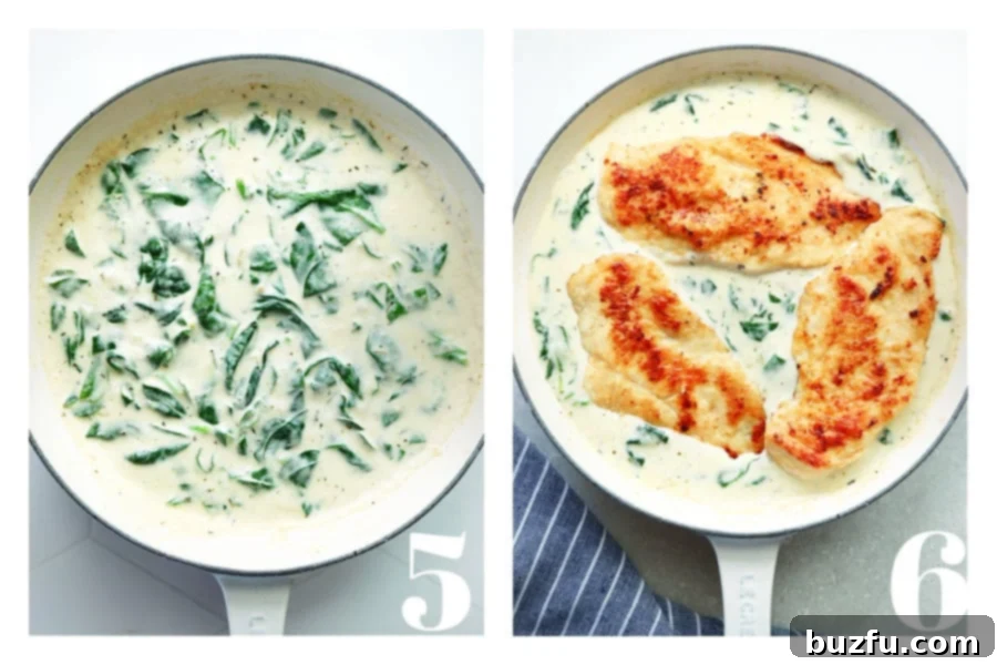 A vibrant creamy sauce with fresh spinach simmering in a skillet, next to a close-up of three chicken breasts perfectly coated in the spinach sauce within the same skillet.