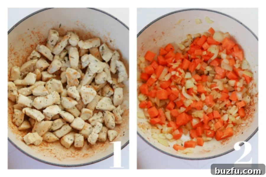 On the left, browned diced chicken rests in a bowl. On the right, a pot contains sauteed carrots, onion, and garlic, softened and fragrant.