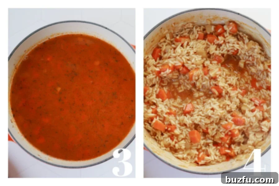 A deep pot contains chicken stock and long-grain white rice, simmering gently.