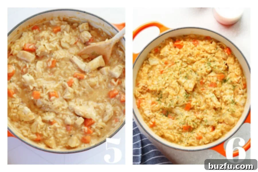 On the left, milk is being poured into a pan of chicken and rice. On the right, the finished creamy chicken and rice dish is shown in the pan, garnished with parsley.