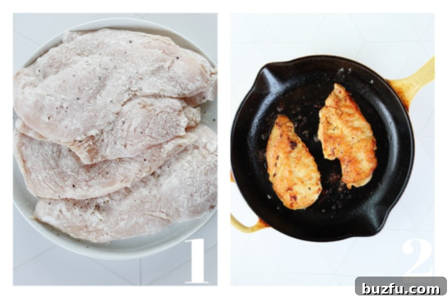 Raw, floured chicken cutlets on a plate and cooked, browned chicken in a cast iron skillet.