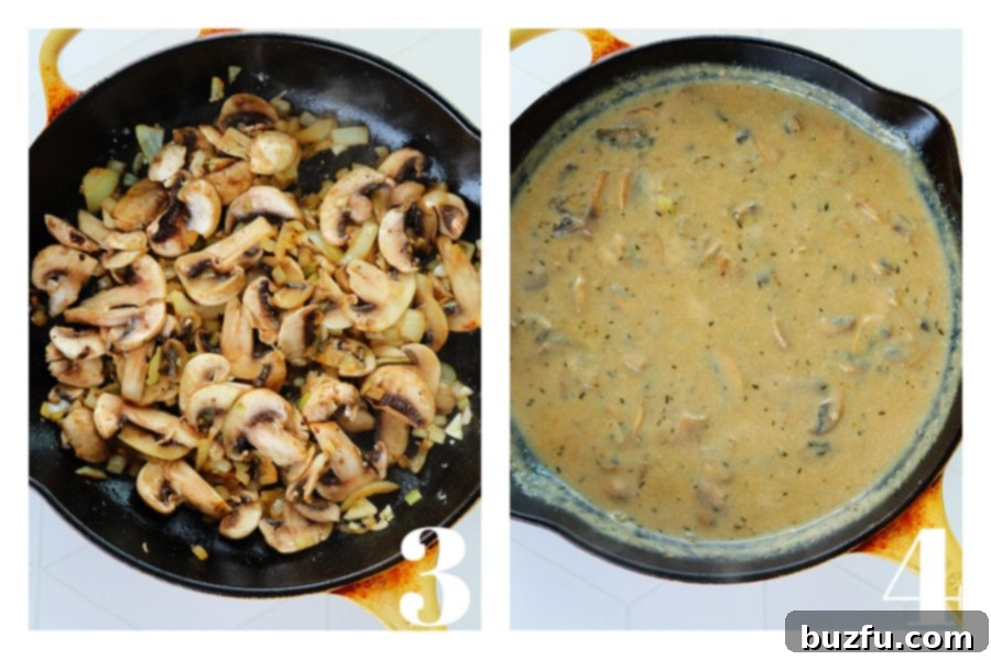 Mushrooms with onion in a skillet and mushroom sauce in a skillet.