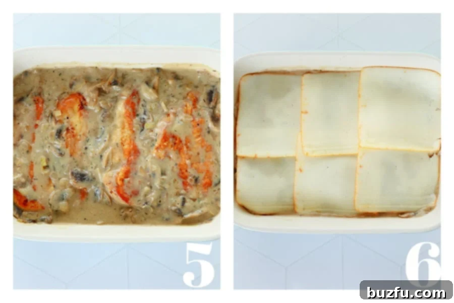 Cooked chicken cutlets and mushroom sauce in a baking dish and the whole dish with slices of Muenster cheese on top.