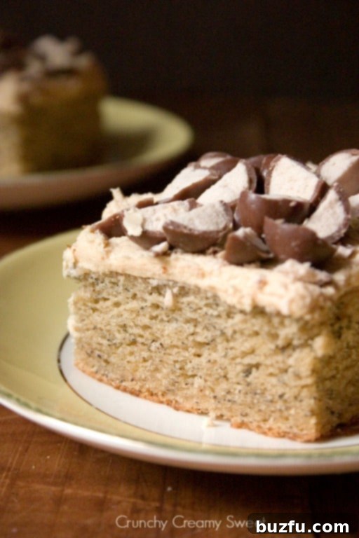 A close-up view of a perfectly moist slice of banana cake, generously covered with smooth peanut butter frosting.