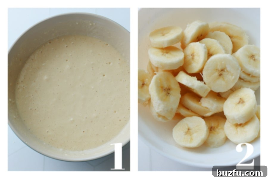 Golden Banana Pancakes 4 A glass bowl filled with smooth, pale yellow pancake batter sits beside a white plate arranged with neatly sliced banana disks.