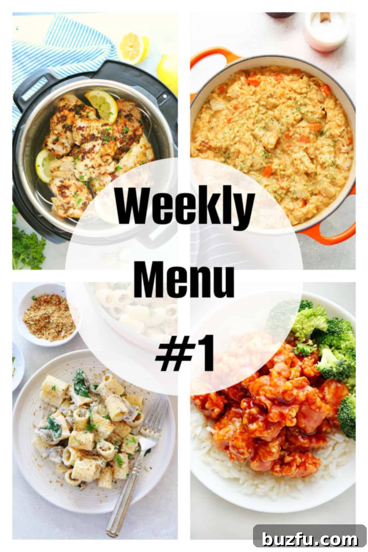 Your Weekly Meal Planner 2 A collage of four inviting dinner photos, framed by text that reads 'Weekly Menu nr 1.', showcasing easy and comforting meal ideas for the week.