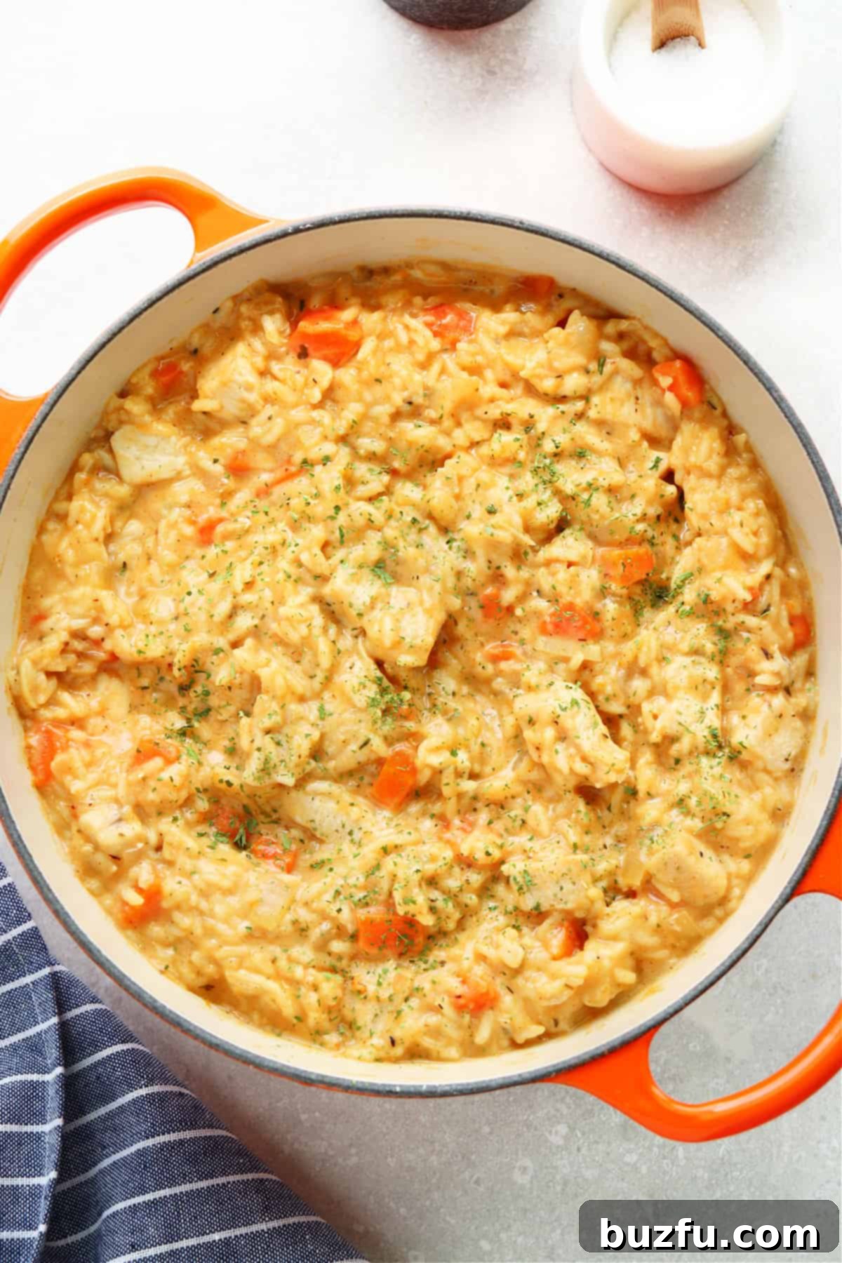 Your Weekly Meal Planner 4 Creamy, golden chicken and rice simmering together in a vibrant orange one-pan pot, promising easy comfort.