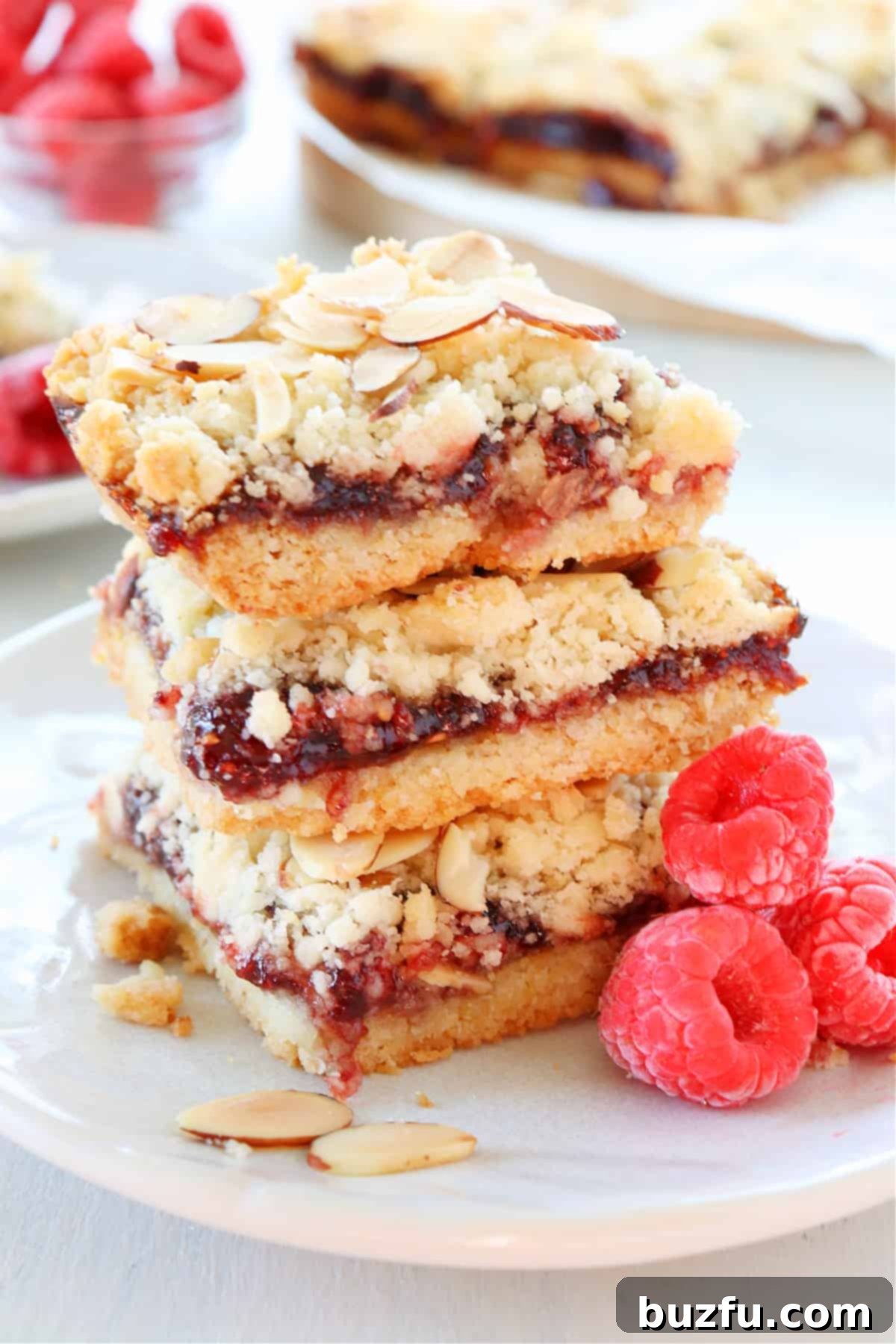 Your Weekly Meal Planner 9 A stack of golden-brown raspberry jam streusel bars, showcasing their delicious crumbly texture and sweet fruit filling, presented on a plate.