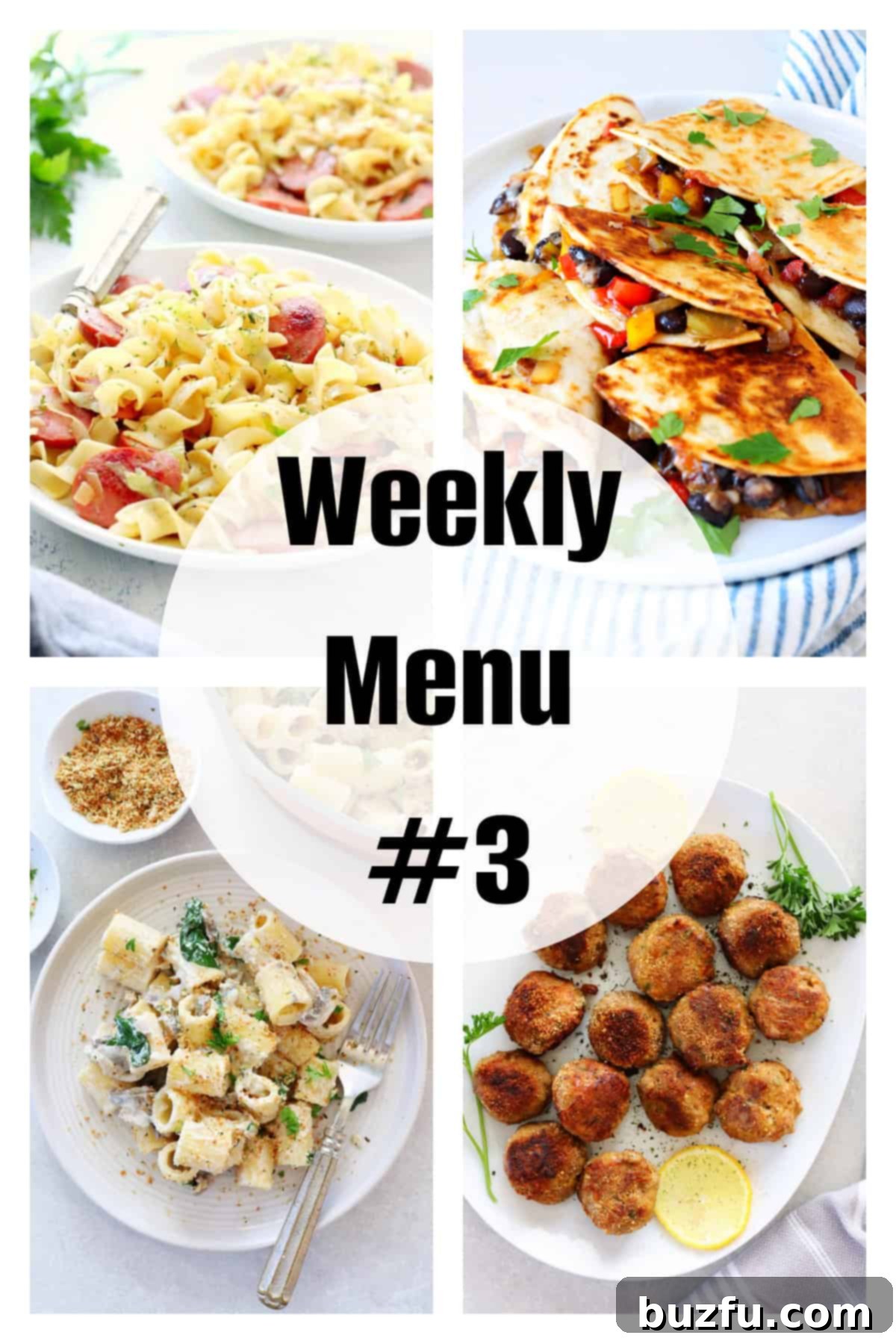 Weekly Meal Plan 3 2 A vibrant collage showcasing various spring dinner ideas: Cabbage and Noodles, Vegetable Quesadillas, Boursin Pasta, Turkey Meatballs, Dijon Salmon, Chicken Florentine, and Lemon Cake. Text overlays 'Weekly Menu 3: Spring Dinners & Easy Recipes'.