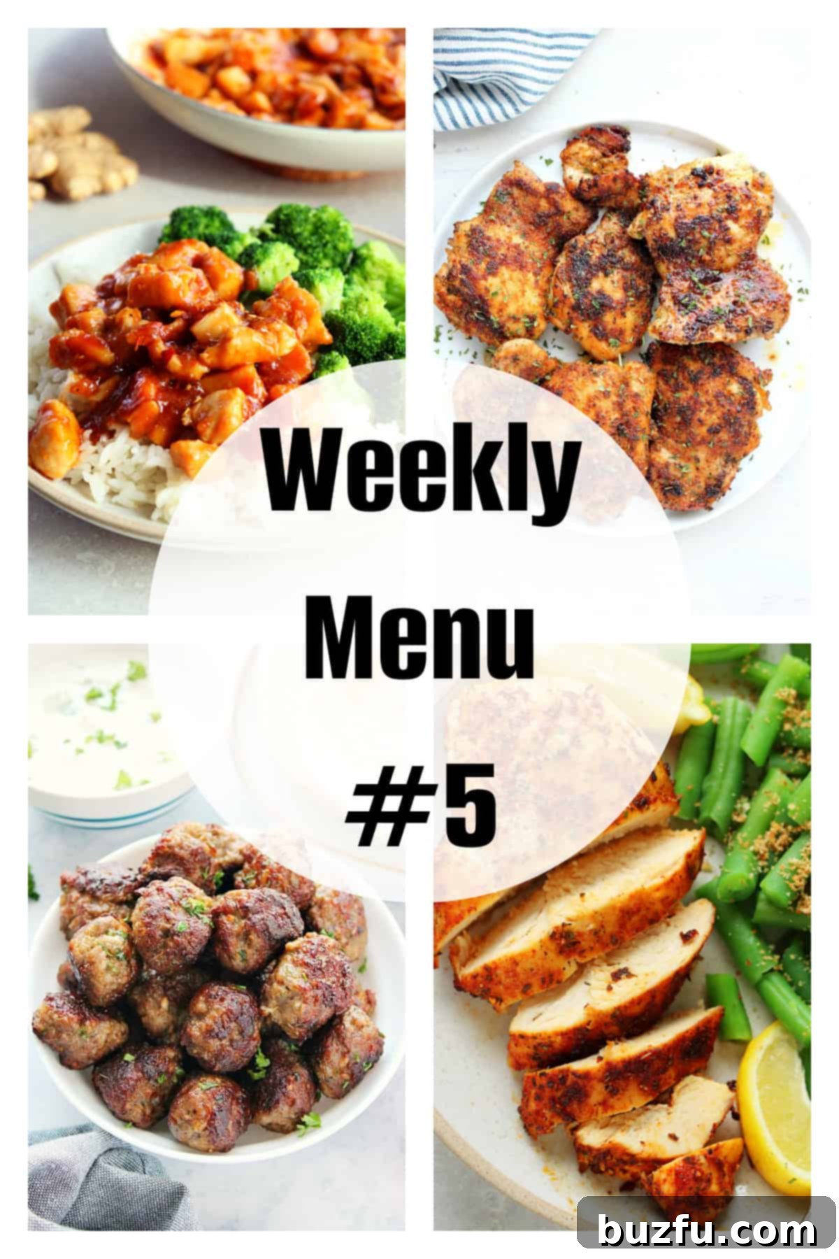 Flavorful Feasts: Week Five 2 Weekly Meal Plan collage featuring Ginger Soy Chicken, Skillet Chicken Thighs, Greek Meatballs, and Air Fryer Chicken Breast - easy dinner ideas for busy families.