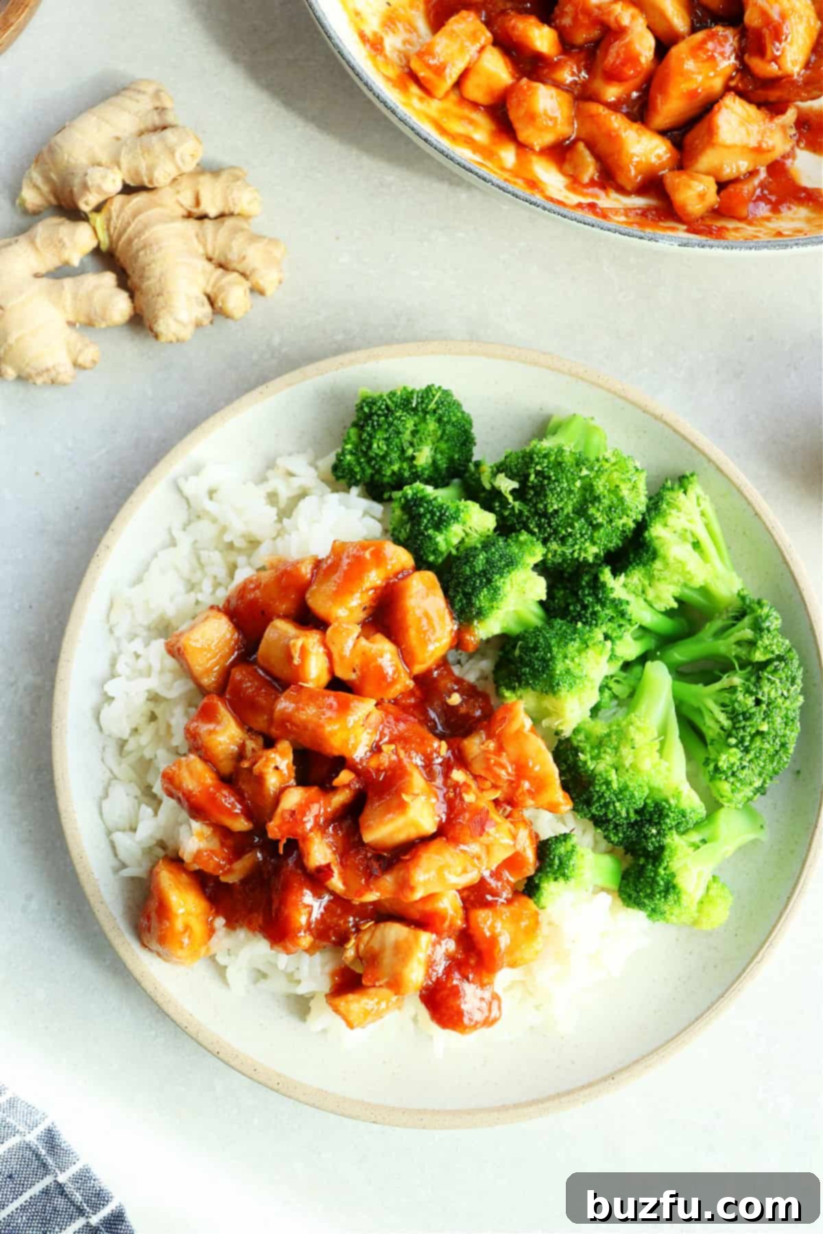Flavorful Feasts: Week Five 3 Overhead photo of a gray plate laden with fluffy rice, succulent ginger soy chicken, and bright green steamed broccoli, ready for an easy weeknight dinner.
