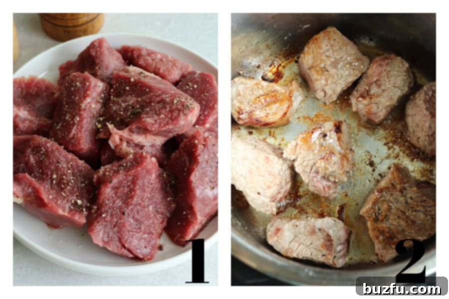 A two-panel image showing the initial steps of making Instant Pot Beef Tips. The top panel depicts beef tips seasoned with salt and pepper. The bottom panel shows the beef tips browning in olive oil inside the Instant Pot on the 'Sauté' mode.