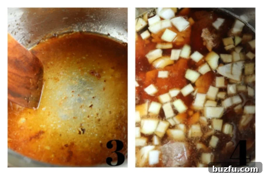 A four-panel image showcasing the cooking process of Instant Pot Beef Tips. Panels show adding liquid and seasonings, the Instant Pot sealing and cooking, the natural pressure release, and finally, the gravy being thickened with a cornstarch slurry.