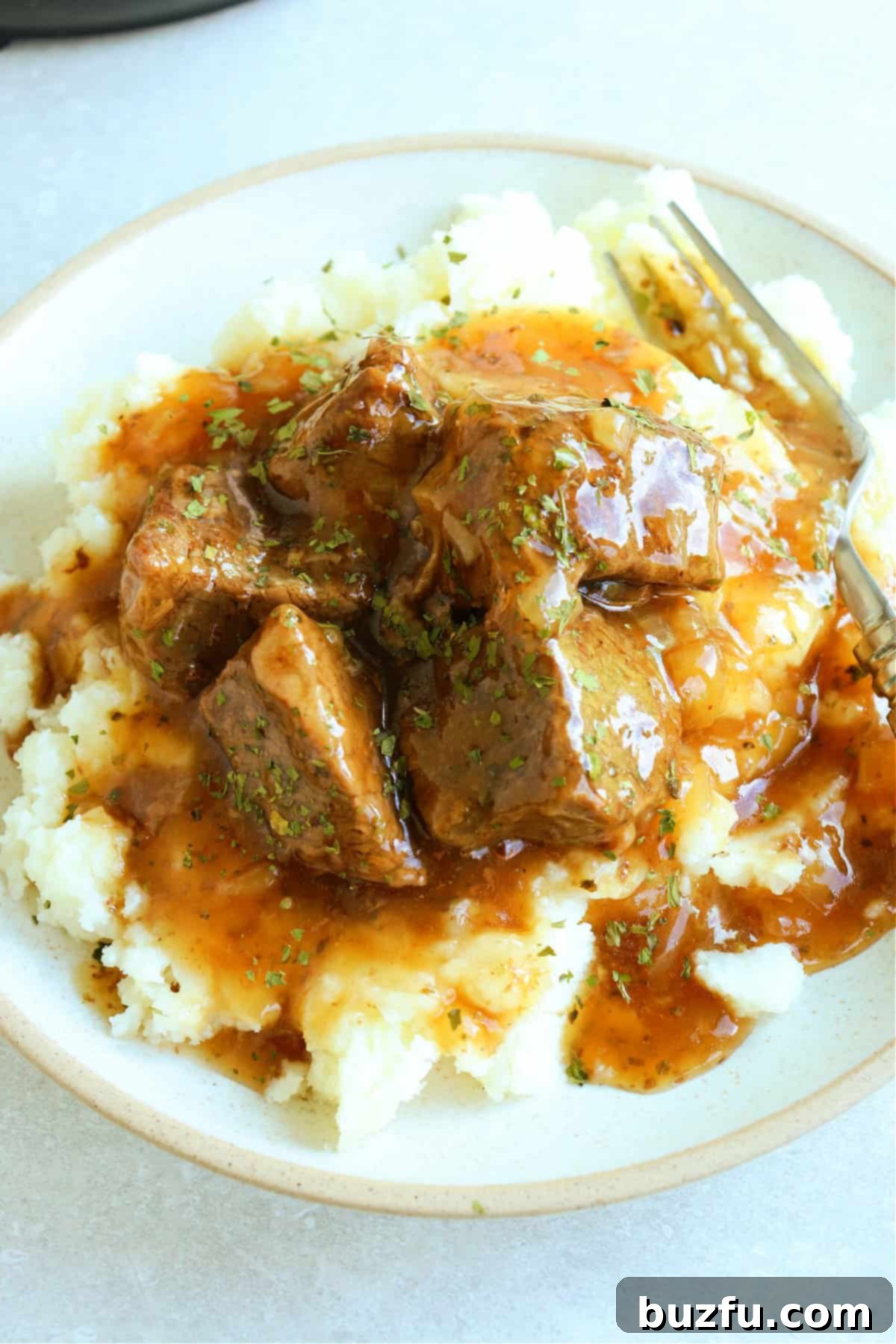 An inviting overhead shot of Instant Pot Beef Tips with rich gravy, artfully arranged on a bed of fluffy mashed potatoes on a pristine white plate, garnished with fresh parsley.