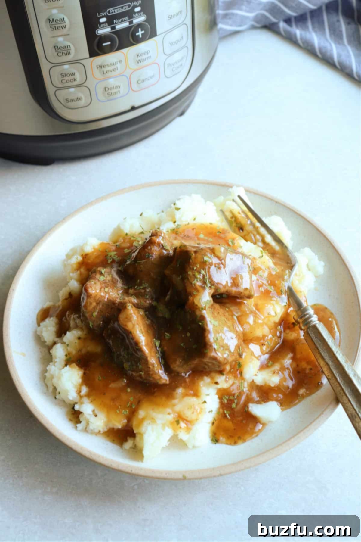 A beautifully composed shot of Instant Pot Beef Tips with gravy on a white plate, positioned next to a gleaming silver Instant Pot in the background, highlighting the convenience of pressure cooking.