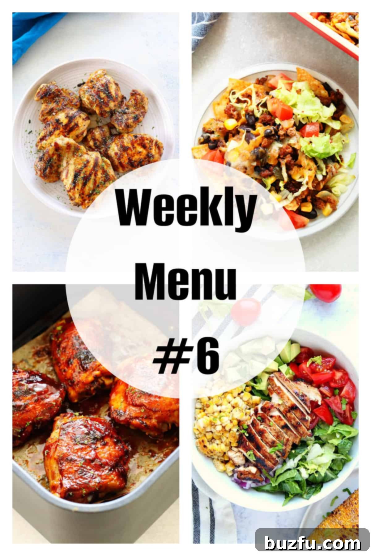 Week Six Meal Plan 2 A vibrant collage showcasing various summer dishes from the weekly menu, including grilled chicken, taco casserole, and fresh salads.