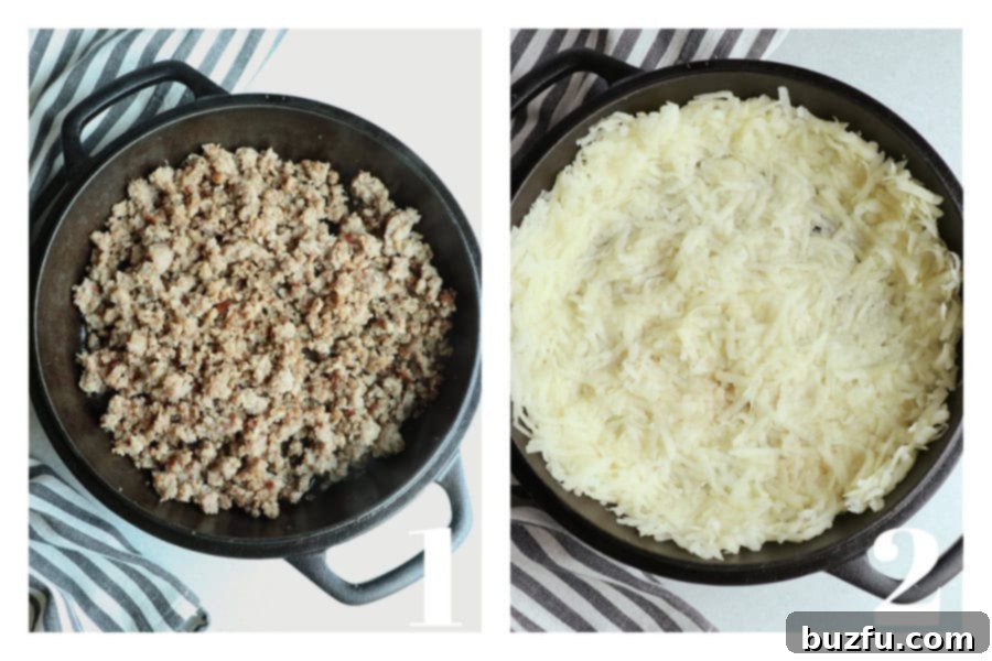 Photo collage of cooked sausage in cast iron pan and grated potato crust in the pan.
