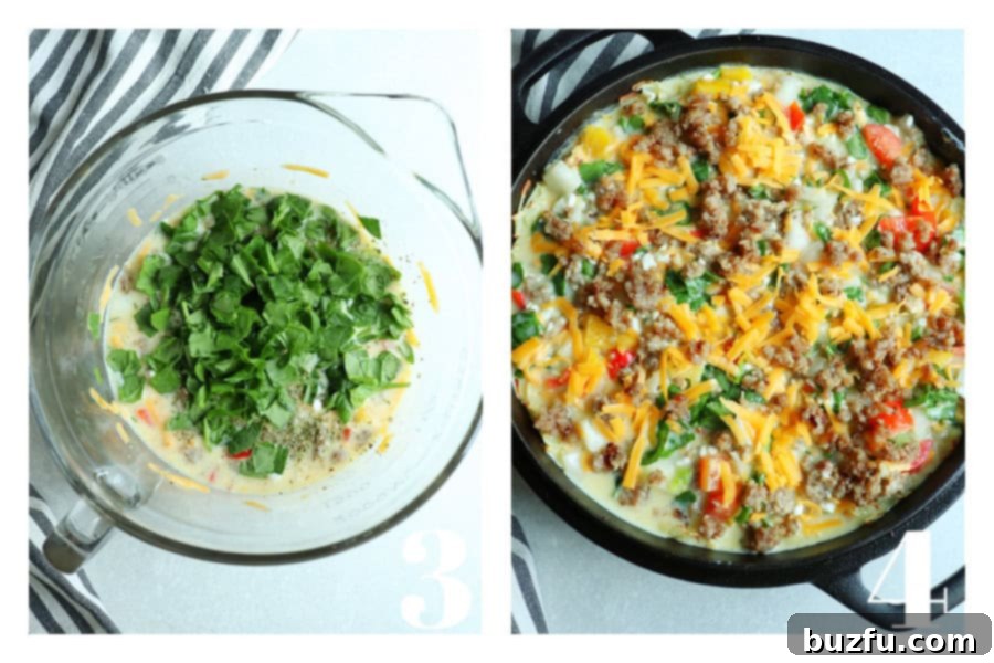 Photo collage with egg filling in a glass bowl and poured over the crust in a cast iron skillet.