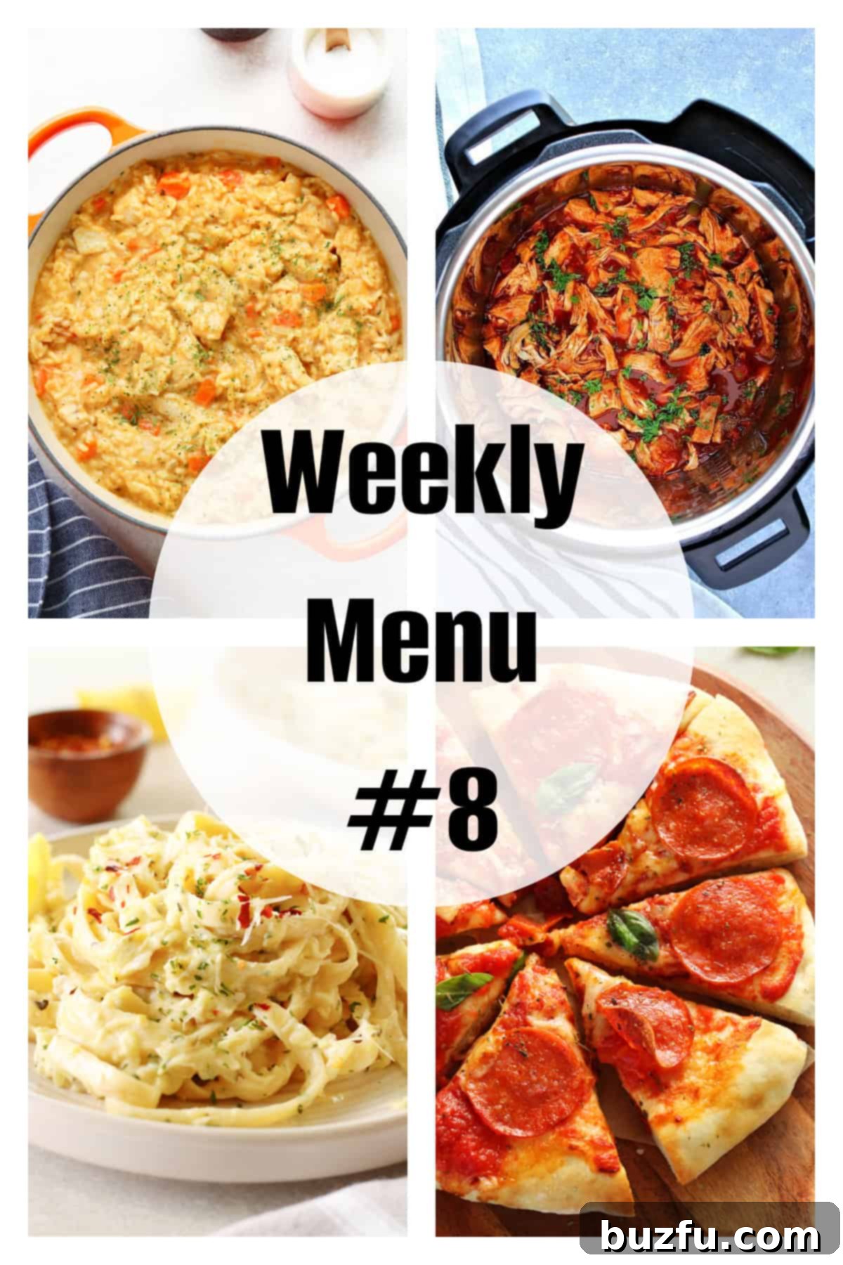 Weekly Meal Plan 8 2 Photo collage featuring four mouth-watering dinner ideas, including chicken and rice, tacos, zucchini pasta, and pizza, with text indicating Weekly Menu 8.