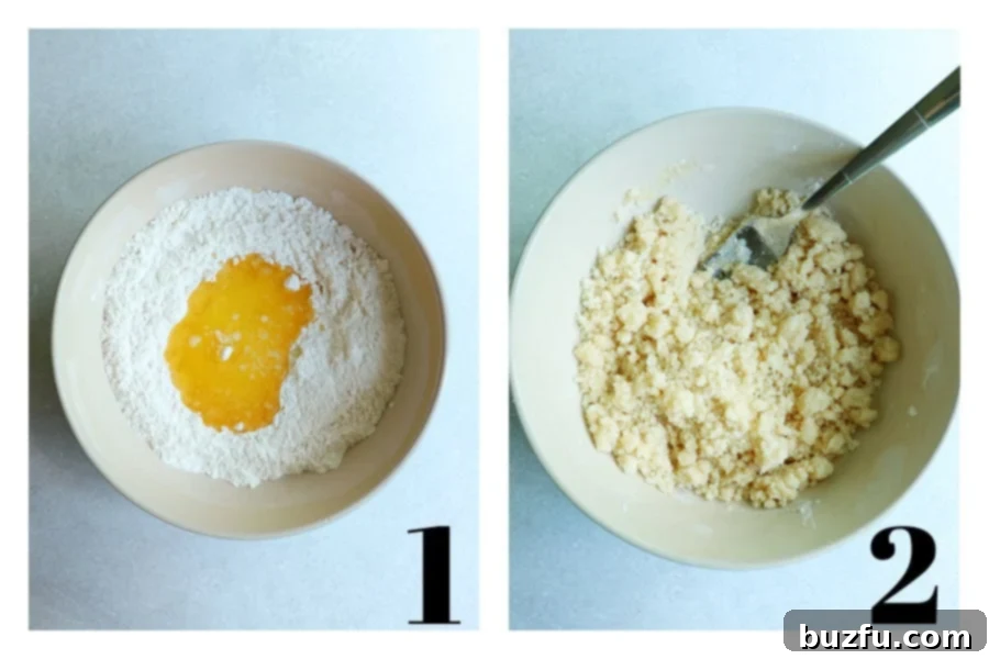 Dry ingredients and melted butter in a mixing bowl and mixed mixture ready to use.