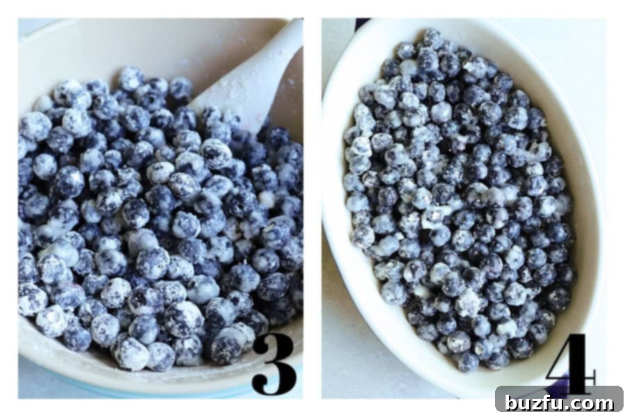 Two photos of blueberries tossed with cornstarch in a mixing bowl and the baking dish.