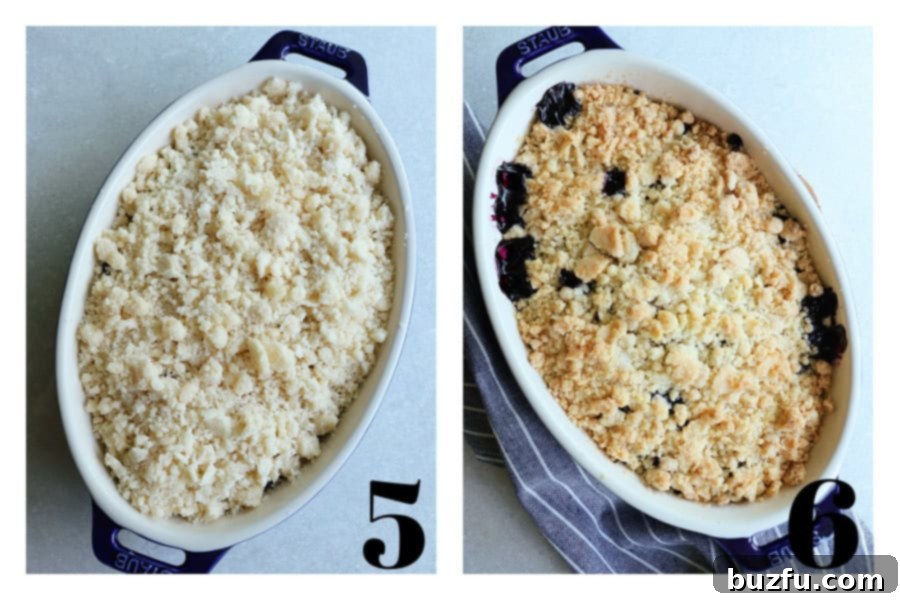 Two photos of before and after baking of a blueberry crumble in an oval baking dish.