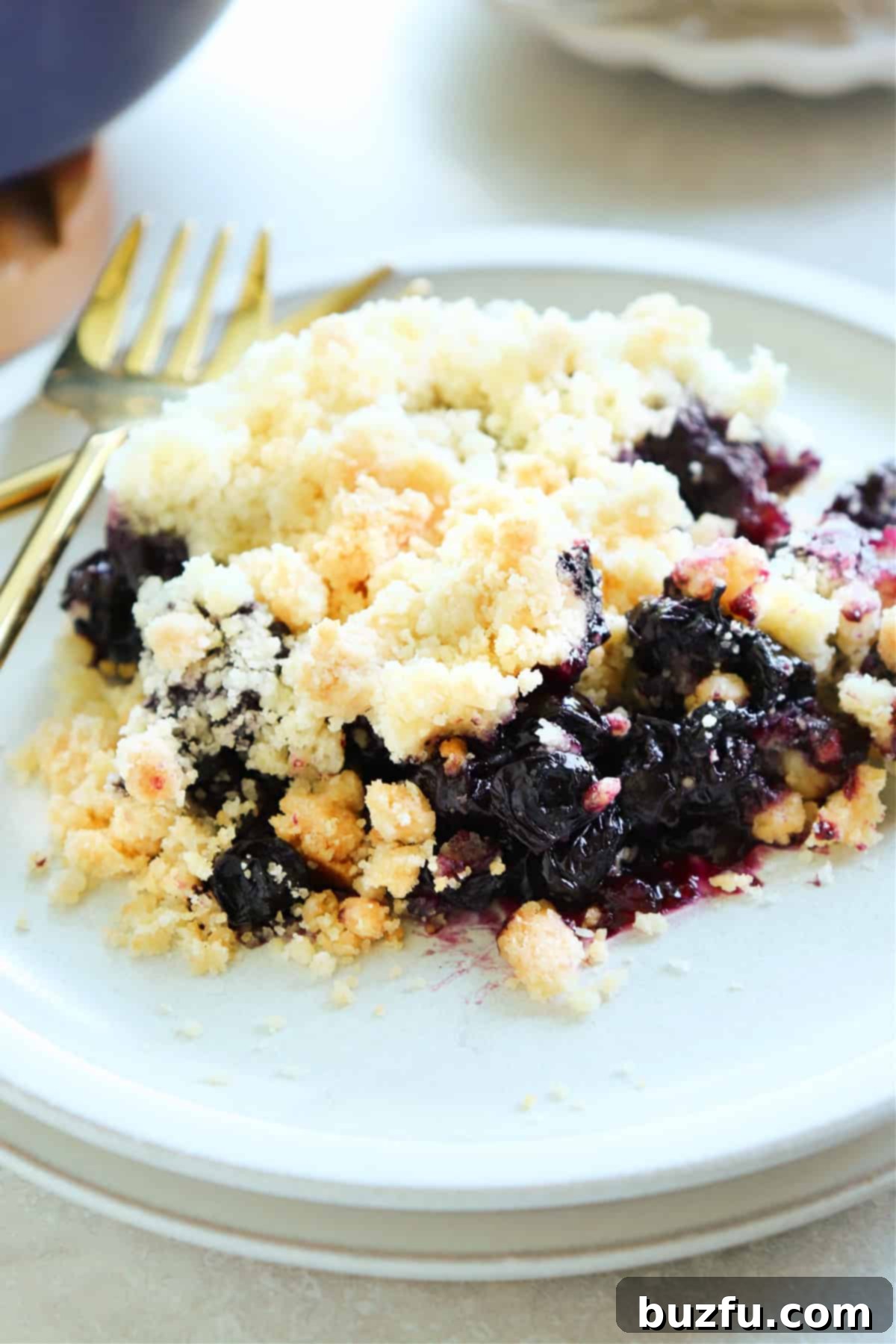 Close up shot of blueberry crumble on a small gray plate with gold forks on the left side.